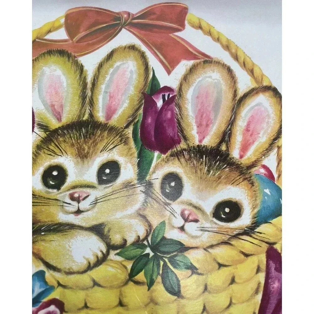 VTG Die Cut Cardboard Easter Decoration Brown Rabbits in Basket with Egg Tulips